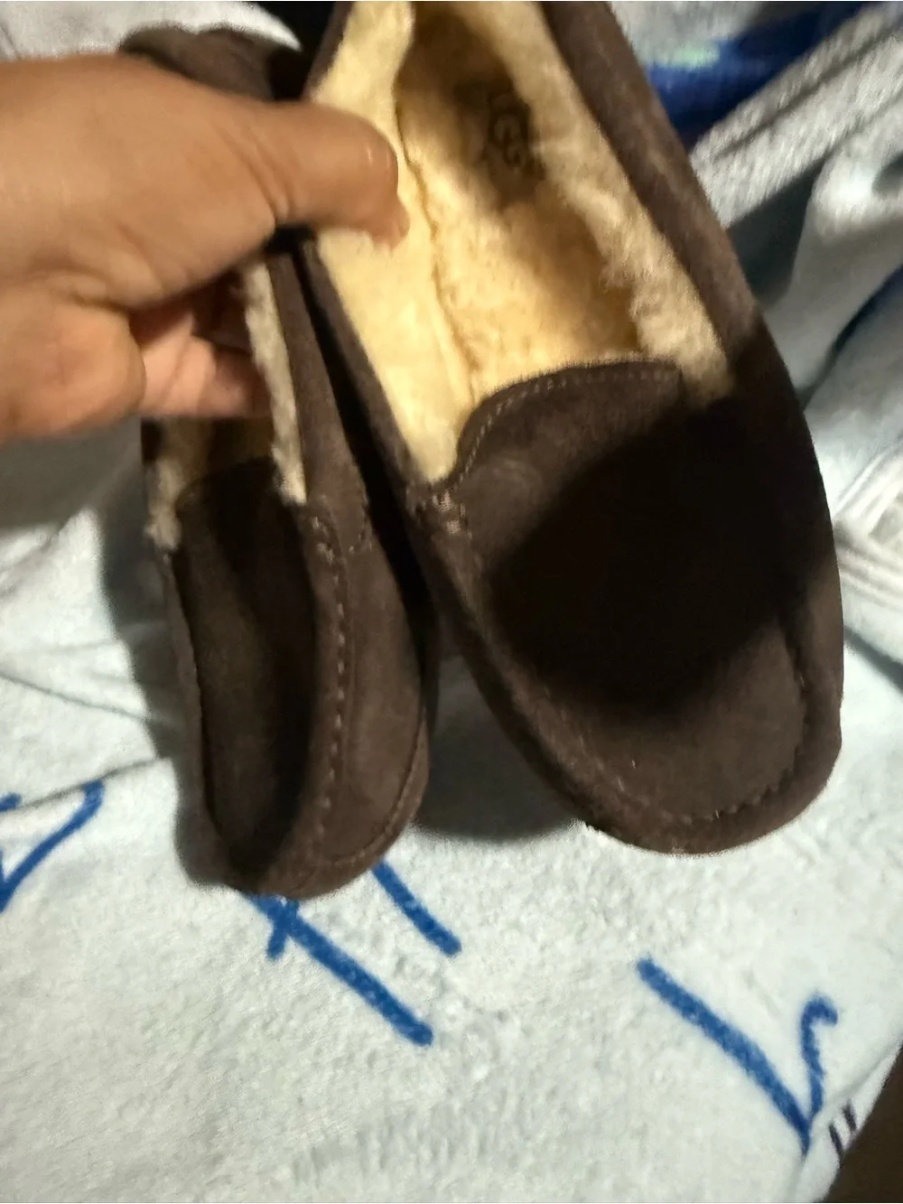 UGG Dark Brown Suede Shearling-Lined Moccasin Slippers